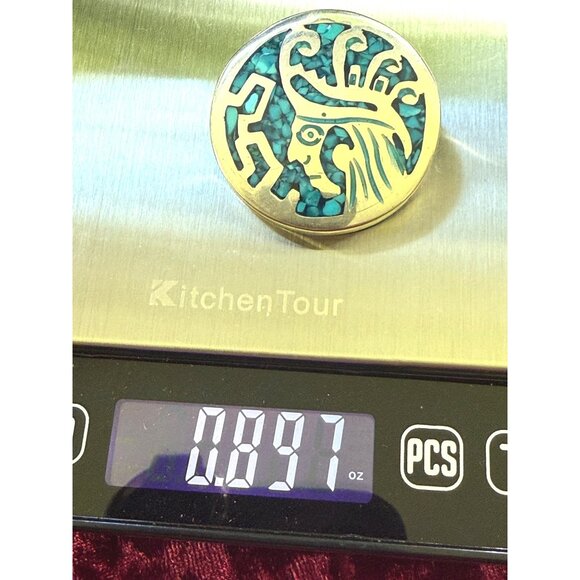Vintage Mexican Sterling Silver & Turquoise Inlay Aztec Round Brooch Pendant - Picture 4 of 5